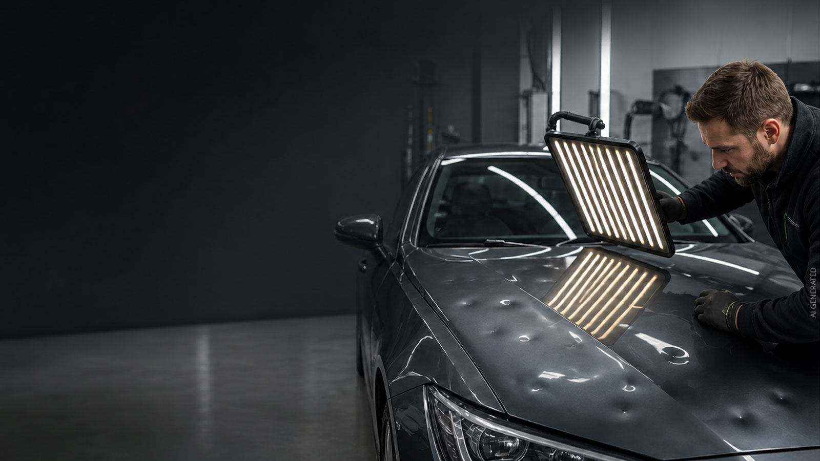 Techniker prüft Hageldellen auf der Motorhaube eines Autos